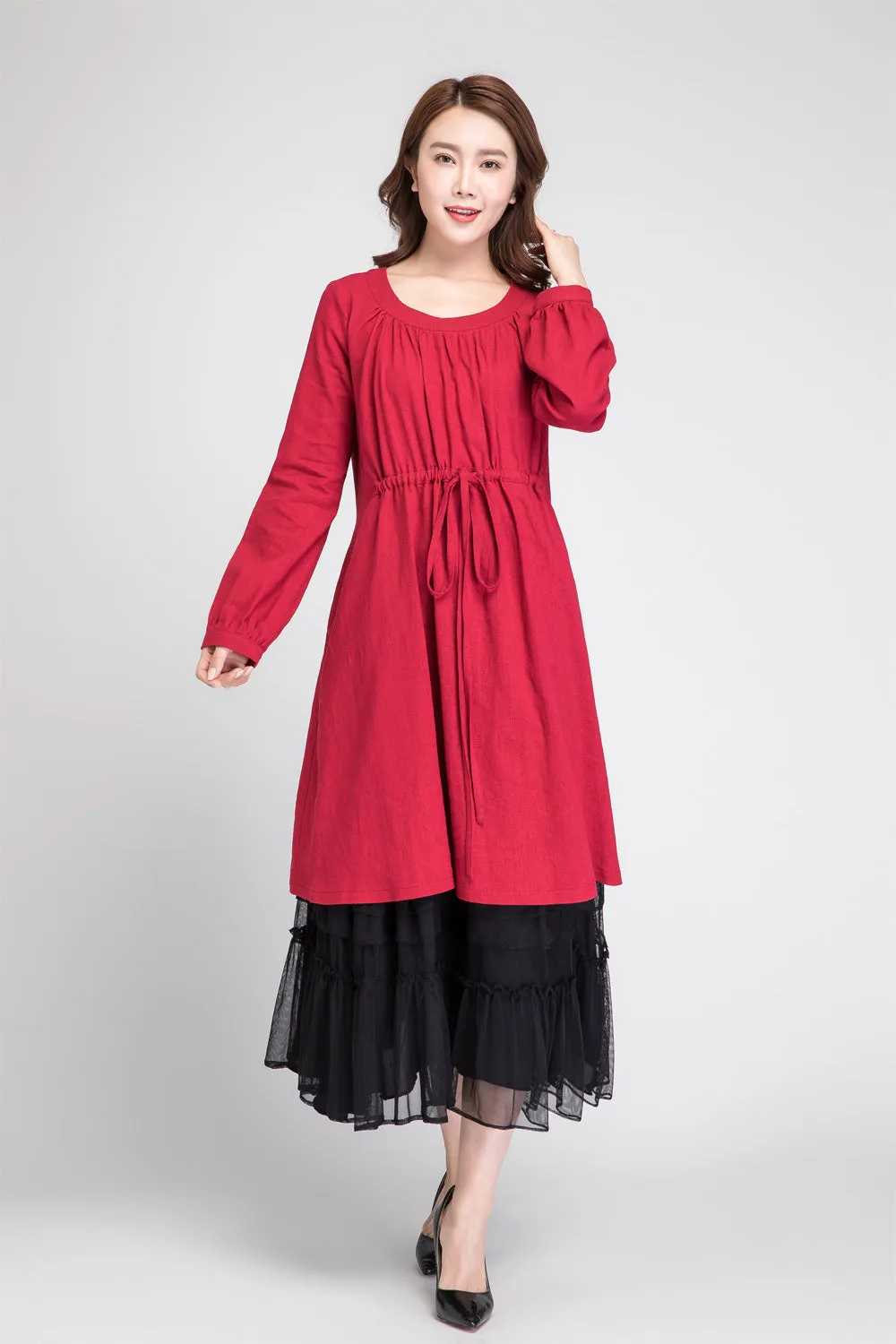 Loose fitting red tunic linen dress 1885