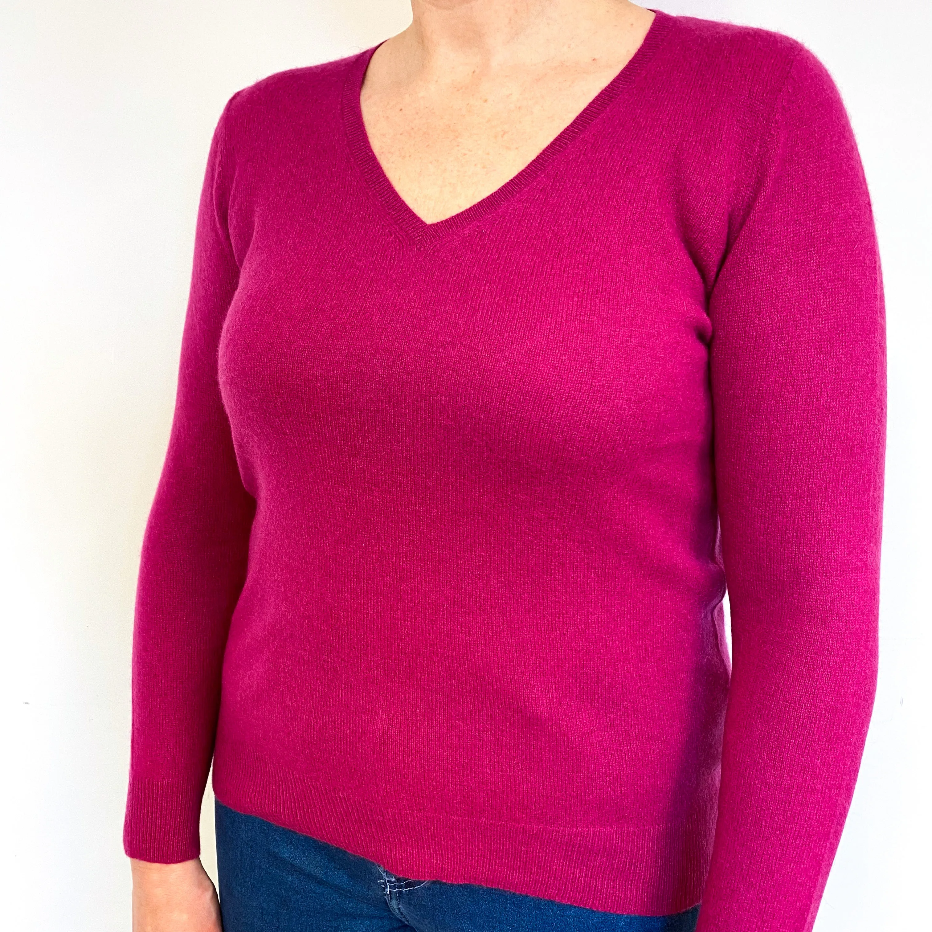 Magenta Pink Cashmere V-Neck Jumper Large