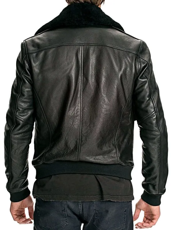Men's Air Force Leather Bomber Jacket Fur Collar Black