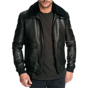 Men's Air Force Leather Bomber Jacket Fur Collar Black