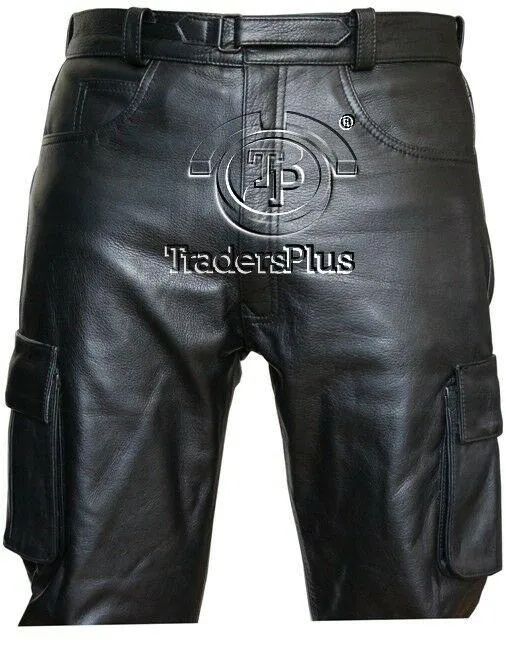 Men's Black Genuine Leather Cargo Trouser Pants