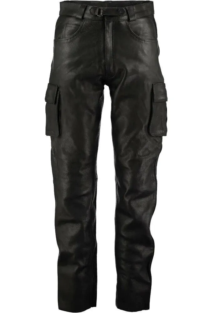 Men's Black Genuine Leather Cargo Trouser Pants