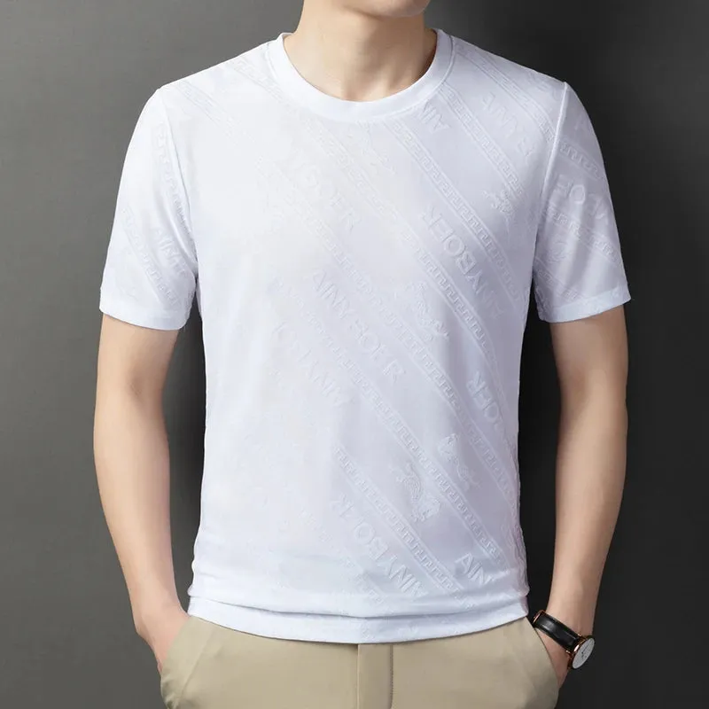 Men's Solid Color Jacquard Round Neck Short sleeved T-shirt Fashion Casual Wrinkle Resistant Comfortable Top