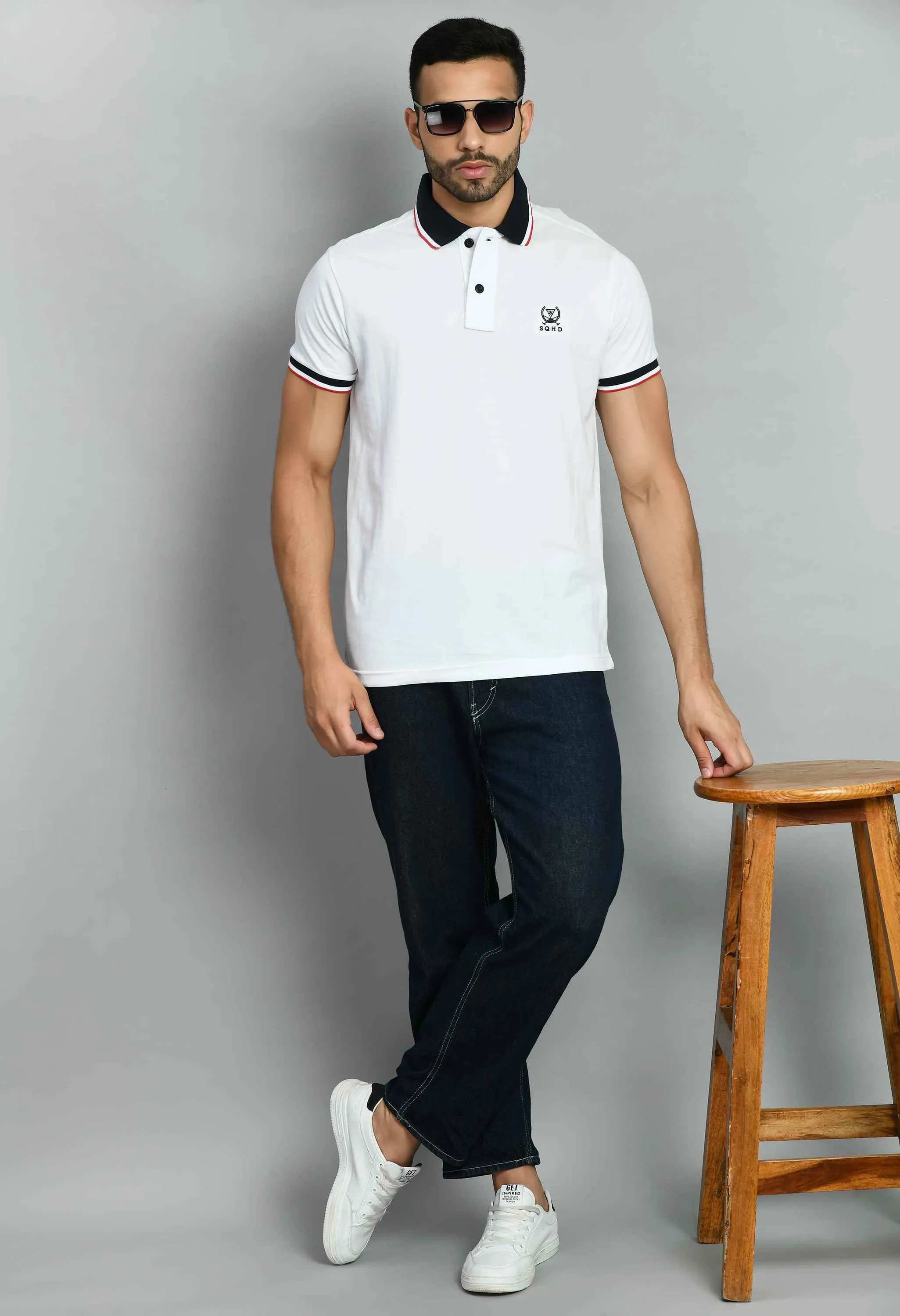 Men's Solid White Polo Neck T-Shirt