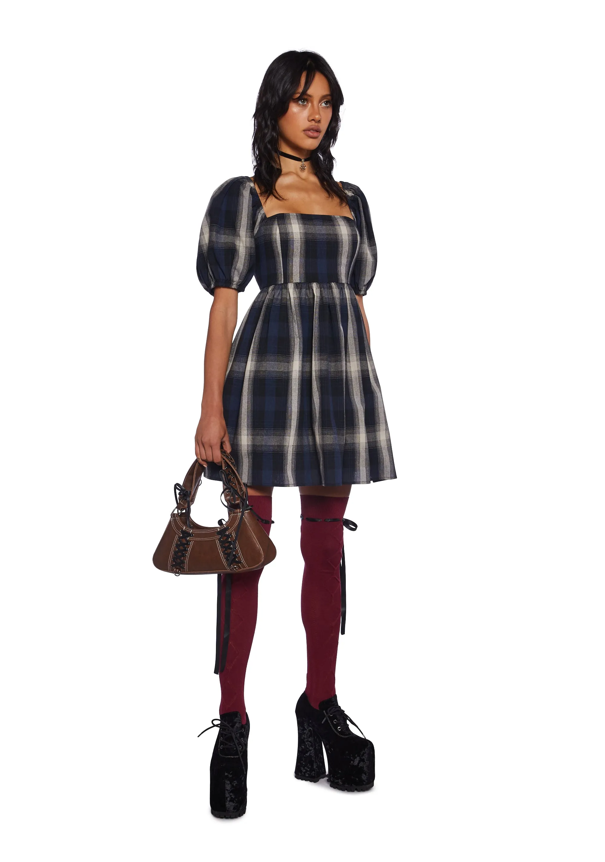 Moonlight Aura Plaid Babydoll Dress