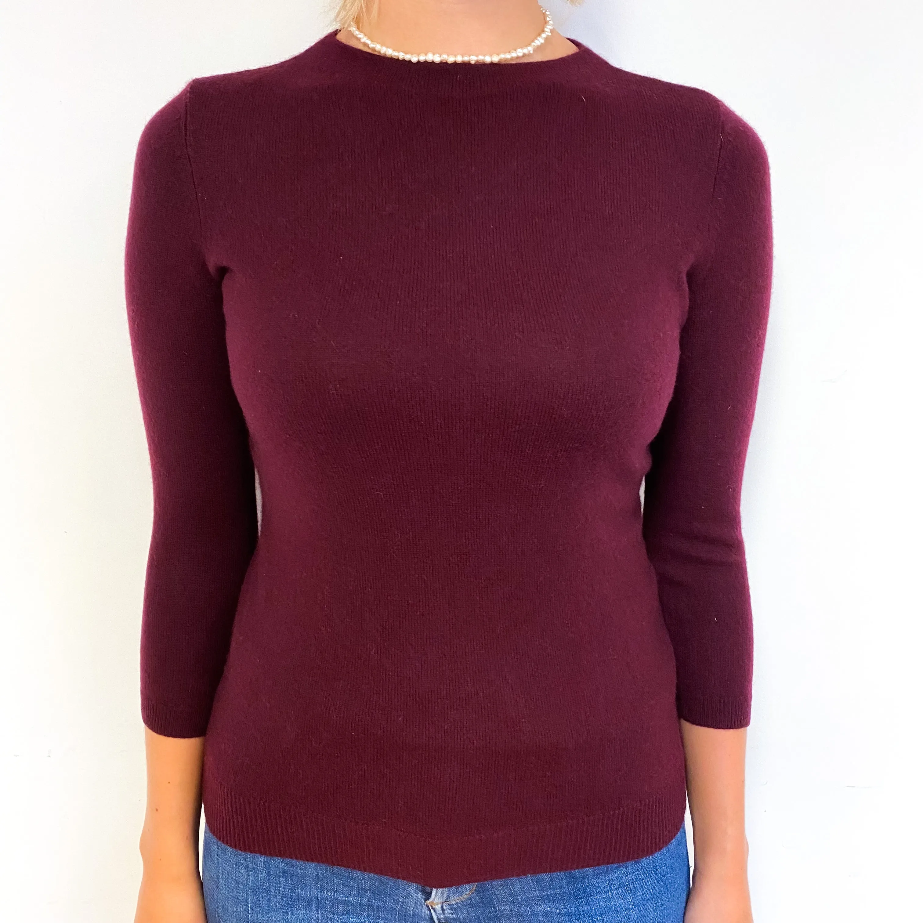 Mulberry Purple 3/4 Sleeve Cashmere Crew Neck Jumper Small