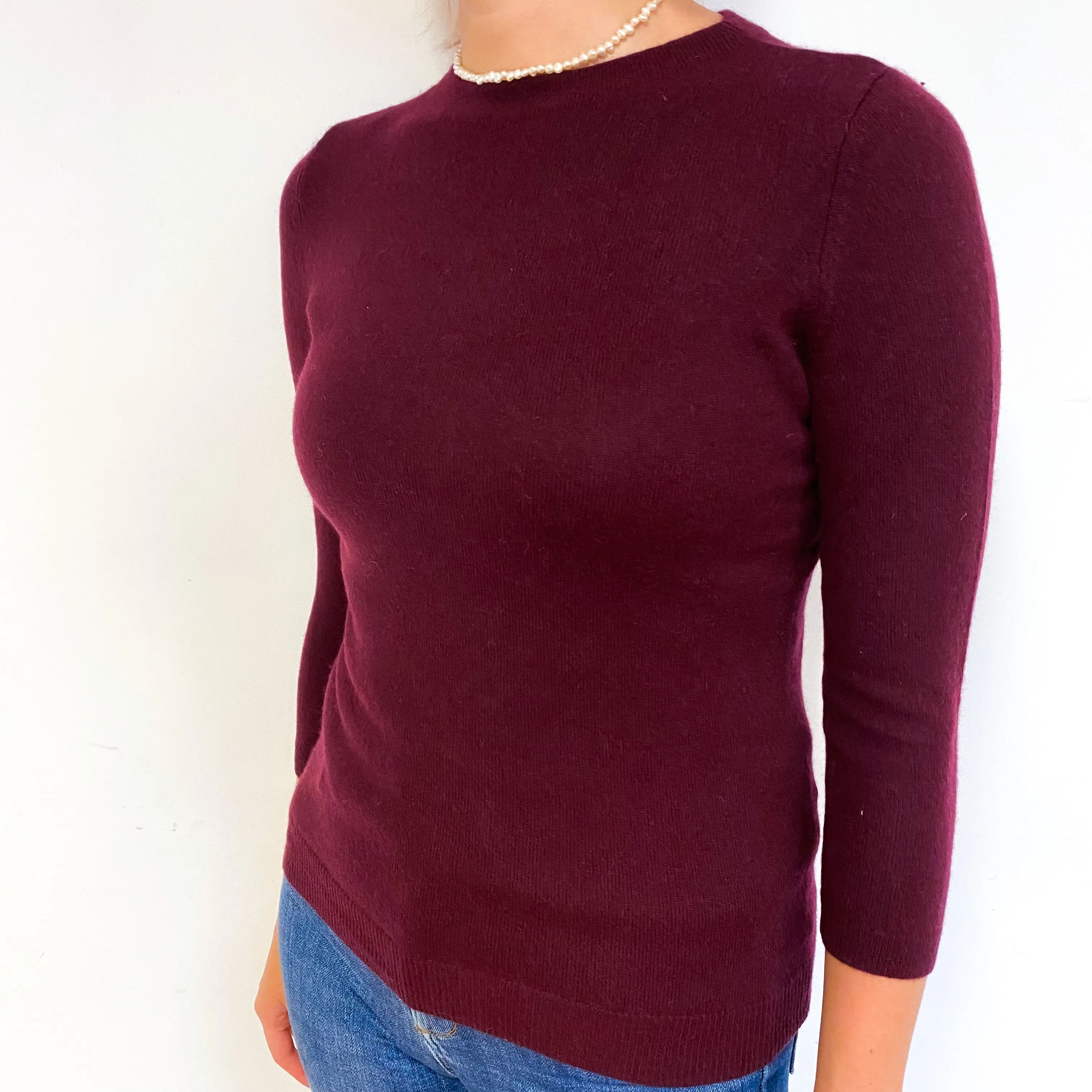 Mulberry Purple 3/4 Sleeve Cashmere Crew Neck Jumper Small