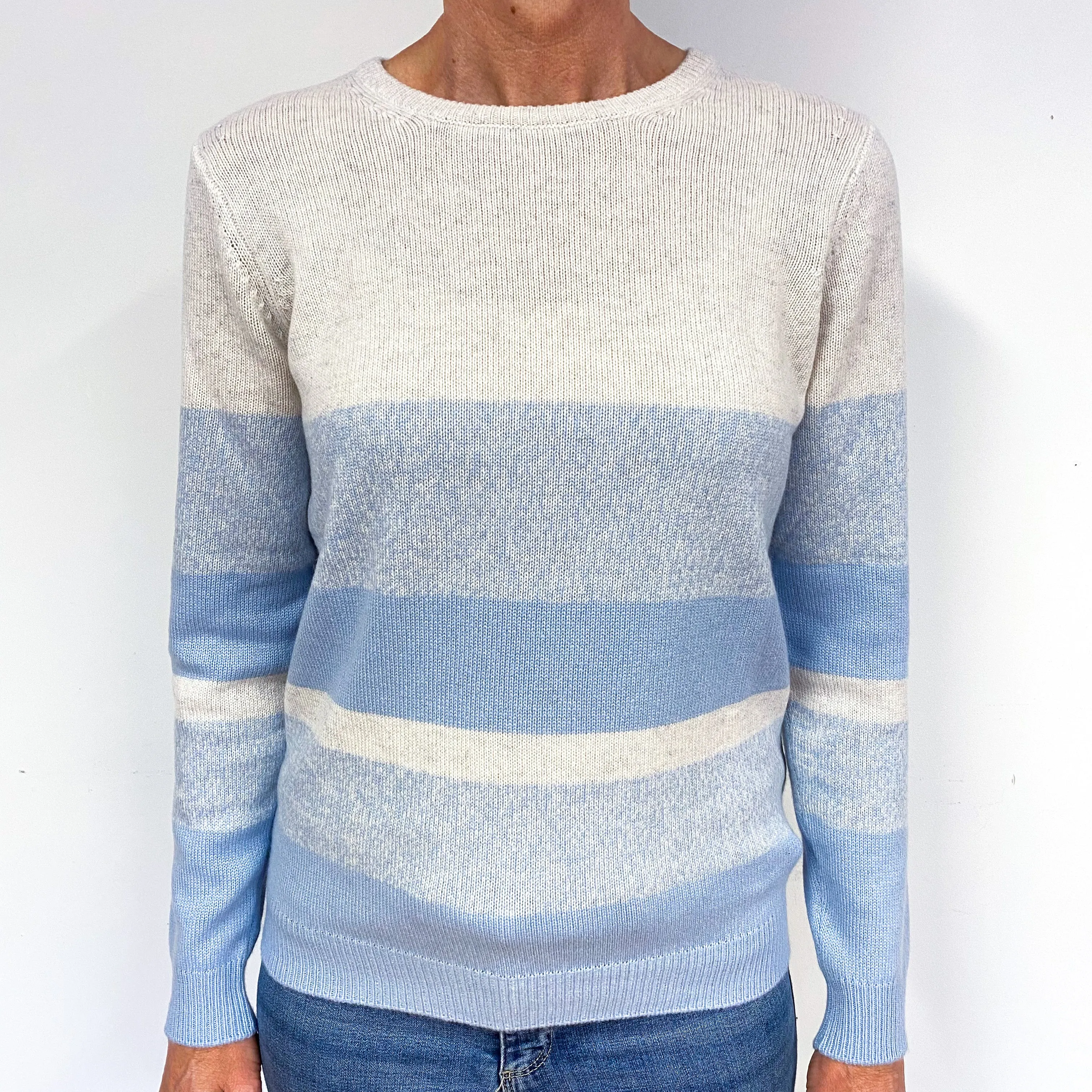 New Grey Sky Blue Stripe Cashmere Crew Neck Jumper Medium