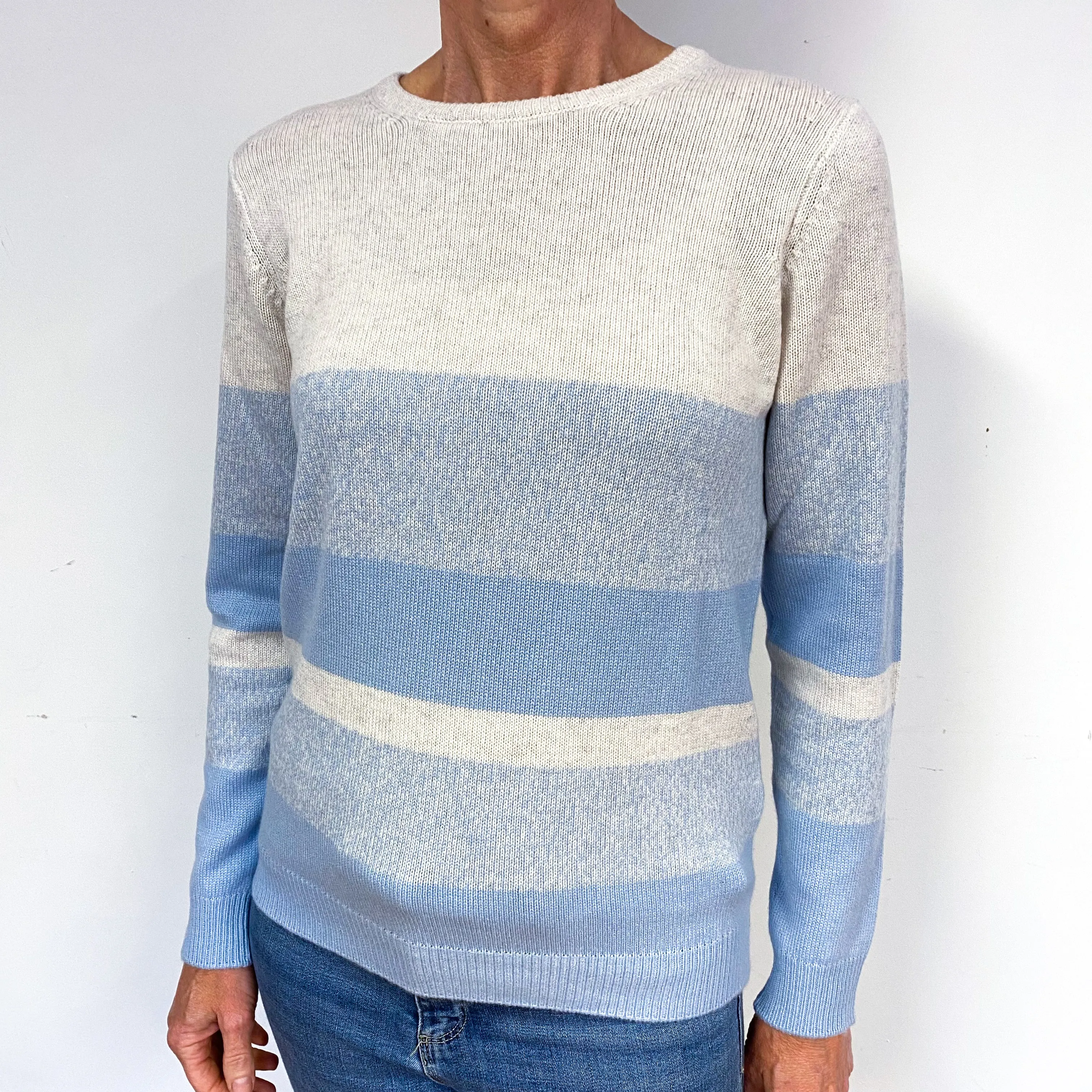 New Grey Sky Blue Stripe Cashmere Crew Neck Jumper Medium