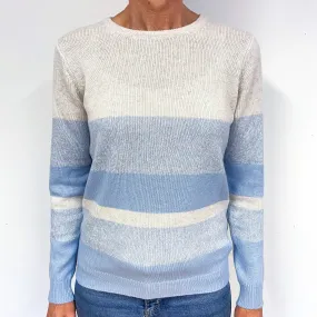 New Grey Sky Blue Stripe Cashmere Crew Neck Jumper Medium