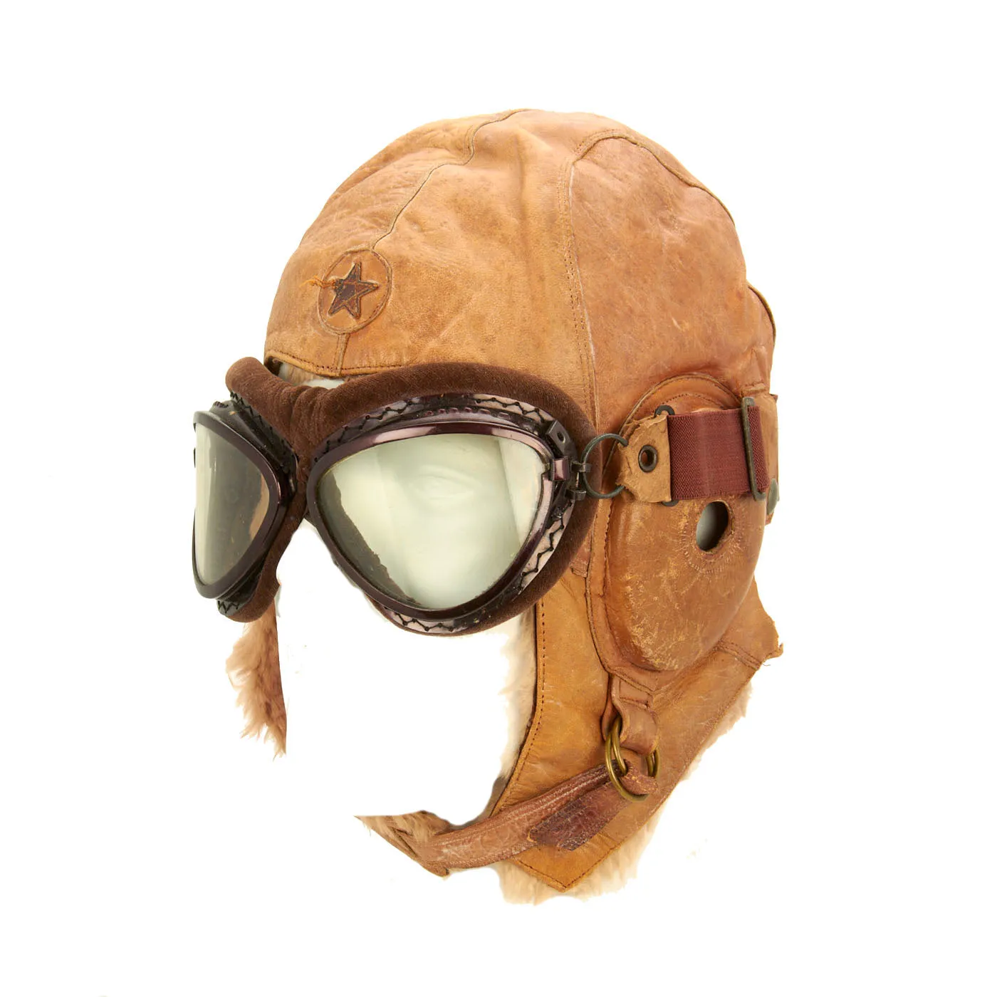 Original Japanese WWII 1941 Dated Leather Winter Flying Helmet with Pilot Goggles