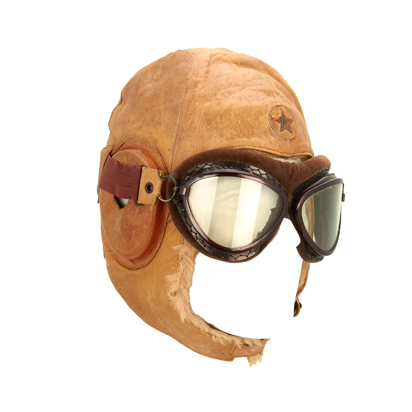 Original Japanese WWII 1941 Dated Leather Winter Flying Helmet with Pilot Goggles