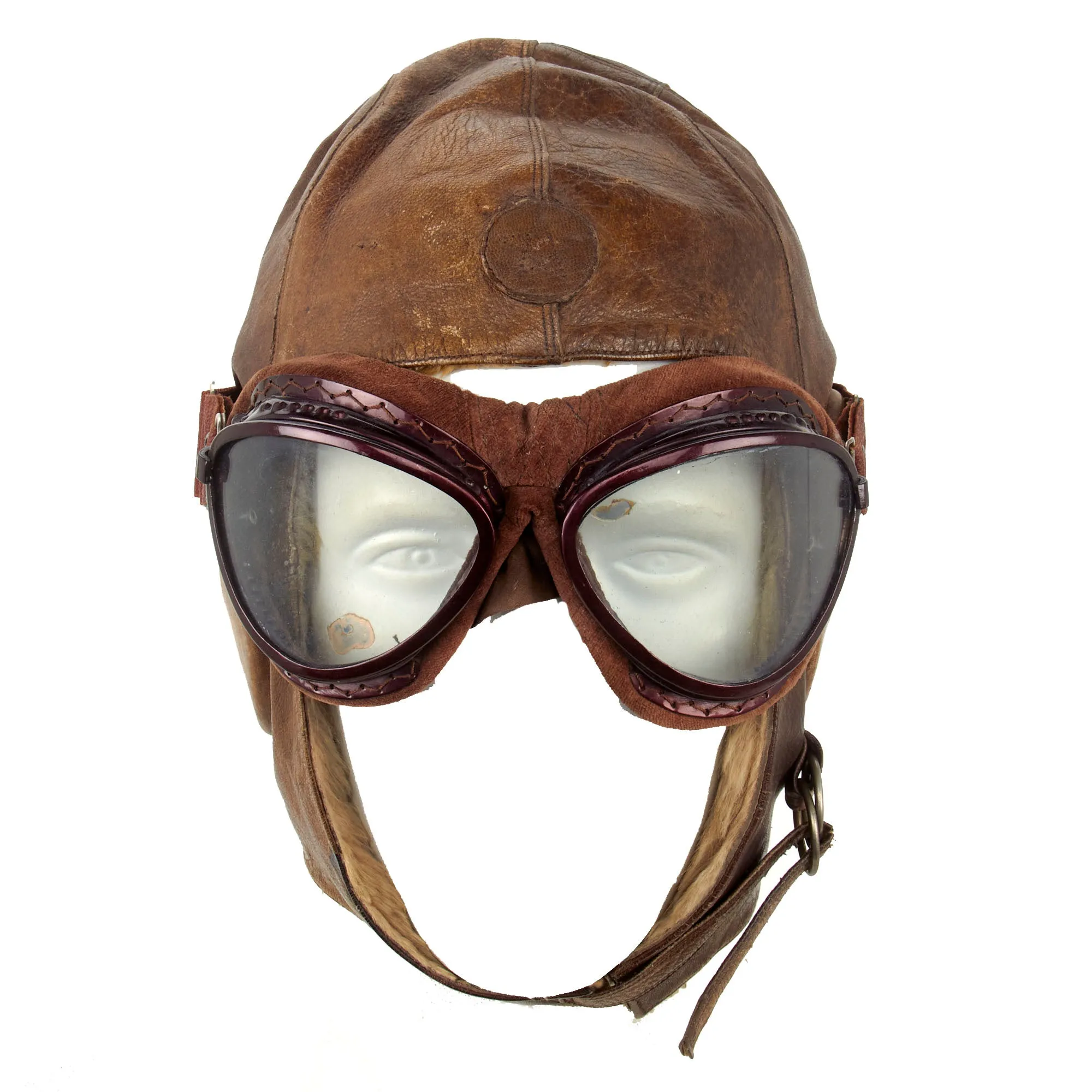 Original Japanese WWII 1942 Dated Leather Winter Flying Helmet with Pilot Goggles