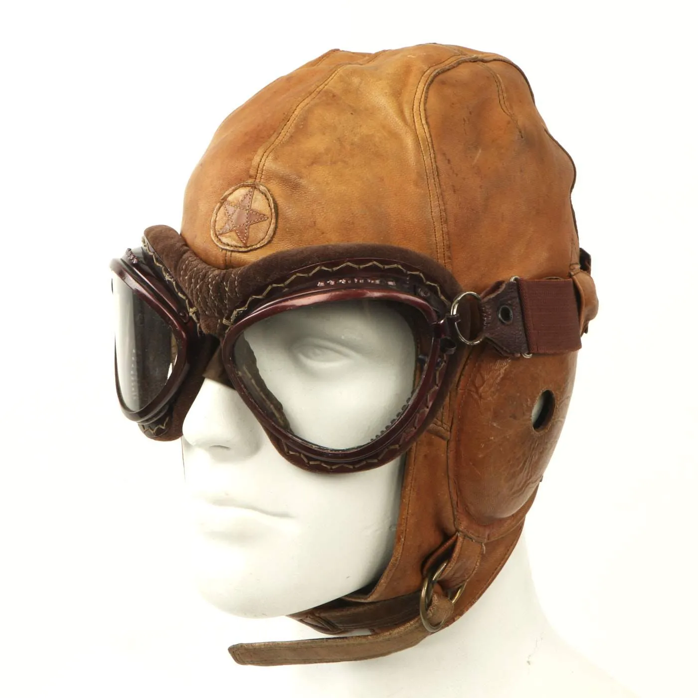 Original Japanese WWII Leather Flying Helmet with Pilot Goggles in Case
