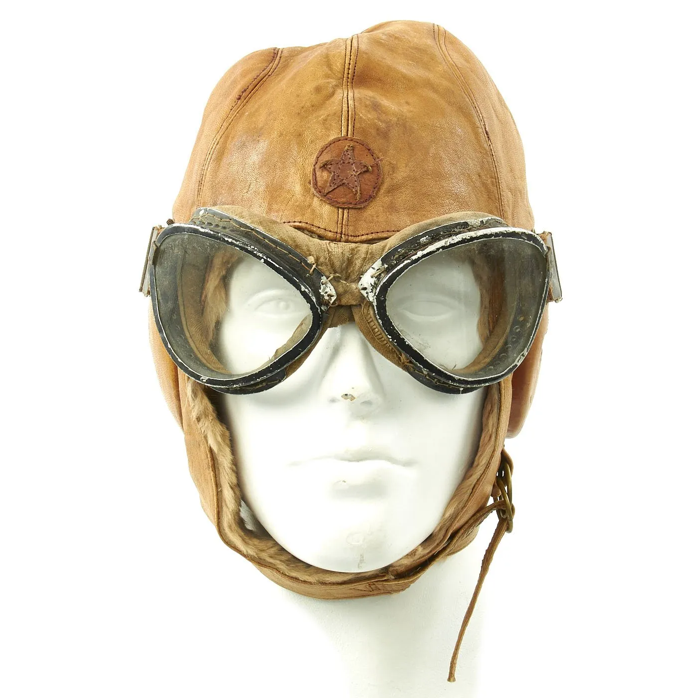 Original Japanese WWII Tan Leather Winter Flying Helmet with Pilot Goggles
