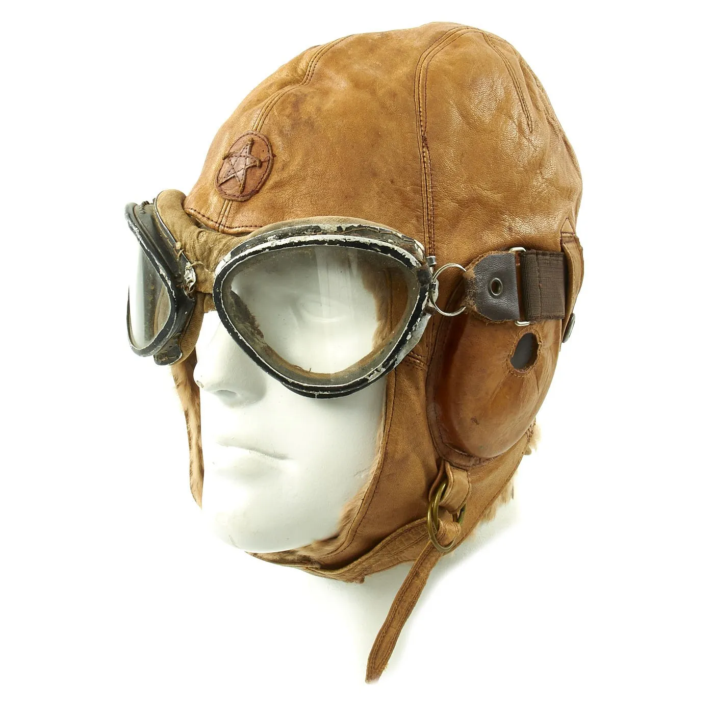 Original Japanese WWII Tan Leather Winter Flying Helmet with Pilot Goggles