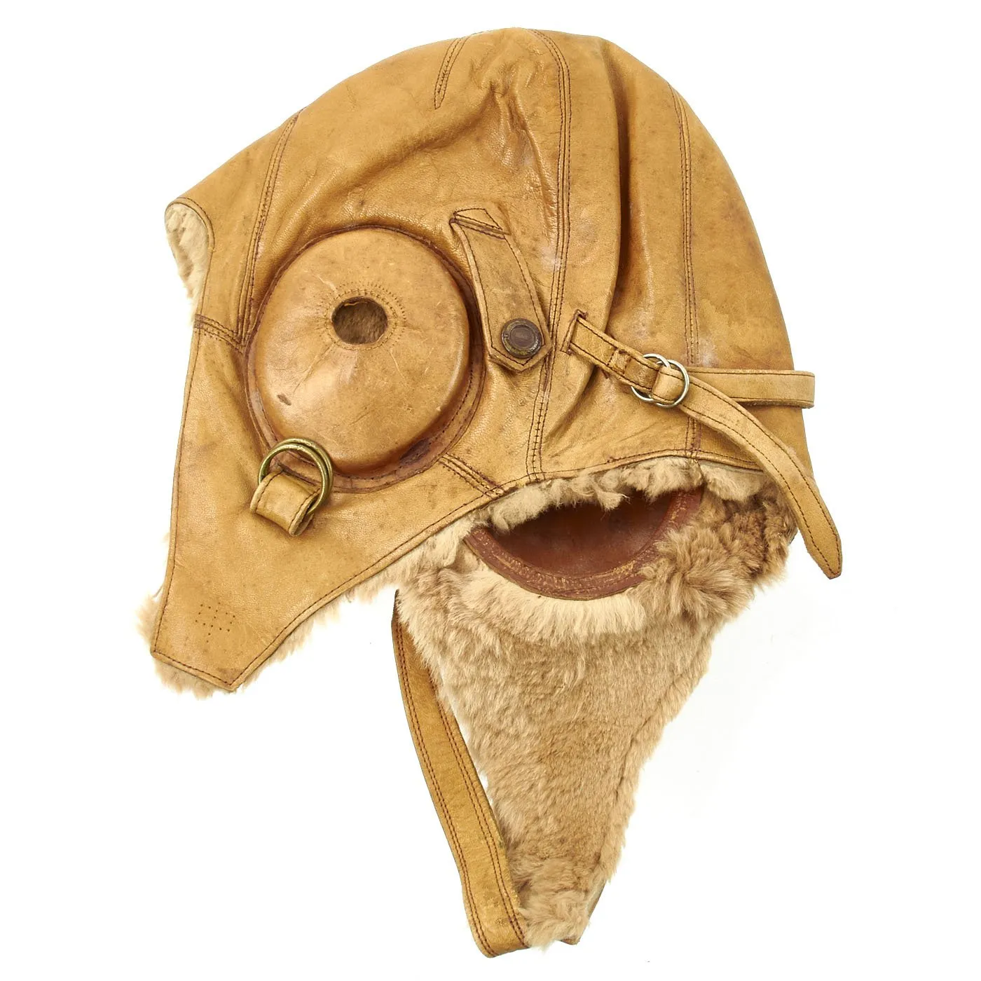 Original Japanese WWII Tan Leather Winter Flying Helmet with Pilot Goggles