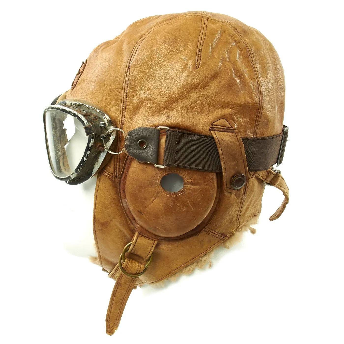 Original Japanese WWII Tan Leather Winter Flying Helmet with Pilot Goggles