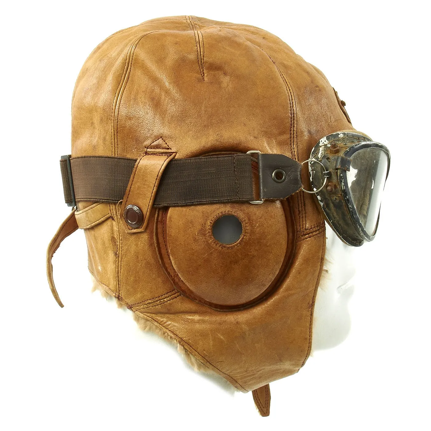 Original Japanese WWII Tan Leather Winter Flying Helmet with Pilot Goggles