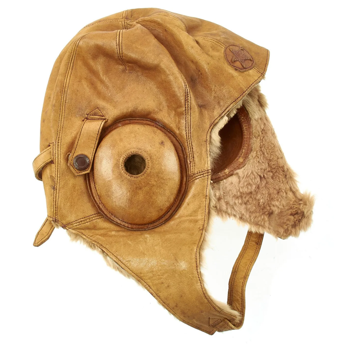 Original Japanese WWII Tan Leather Winter Flying Helmet with Pilot Goggles