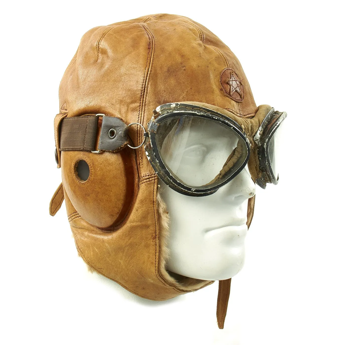 Original Japanese WWII Tan Leather Winter Flying Helmet with Pilot Goggles