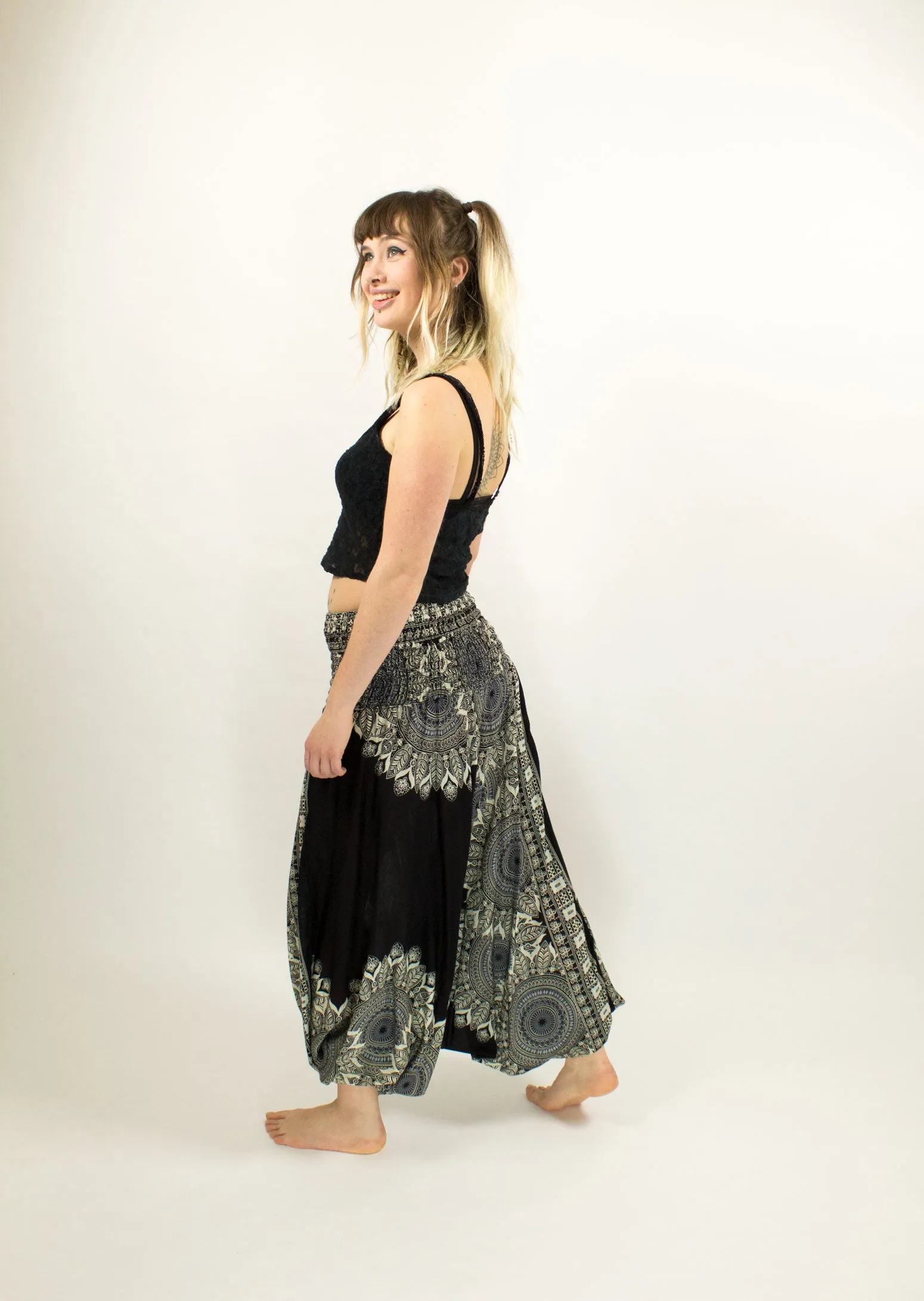 PATTERNED HAREM LOW CROTCH PANTS BLACK