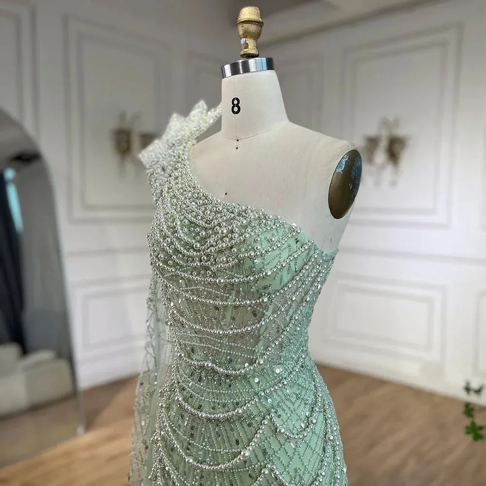 Pearl Embellished Sage Green Mermaid Evening Gown