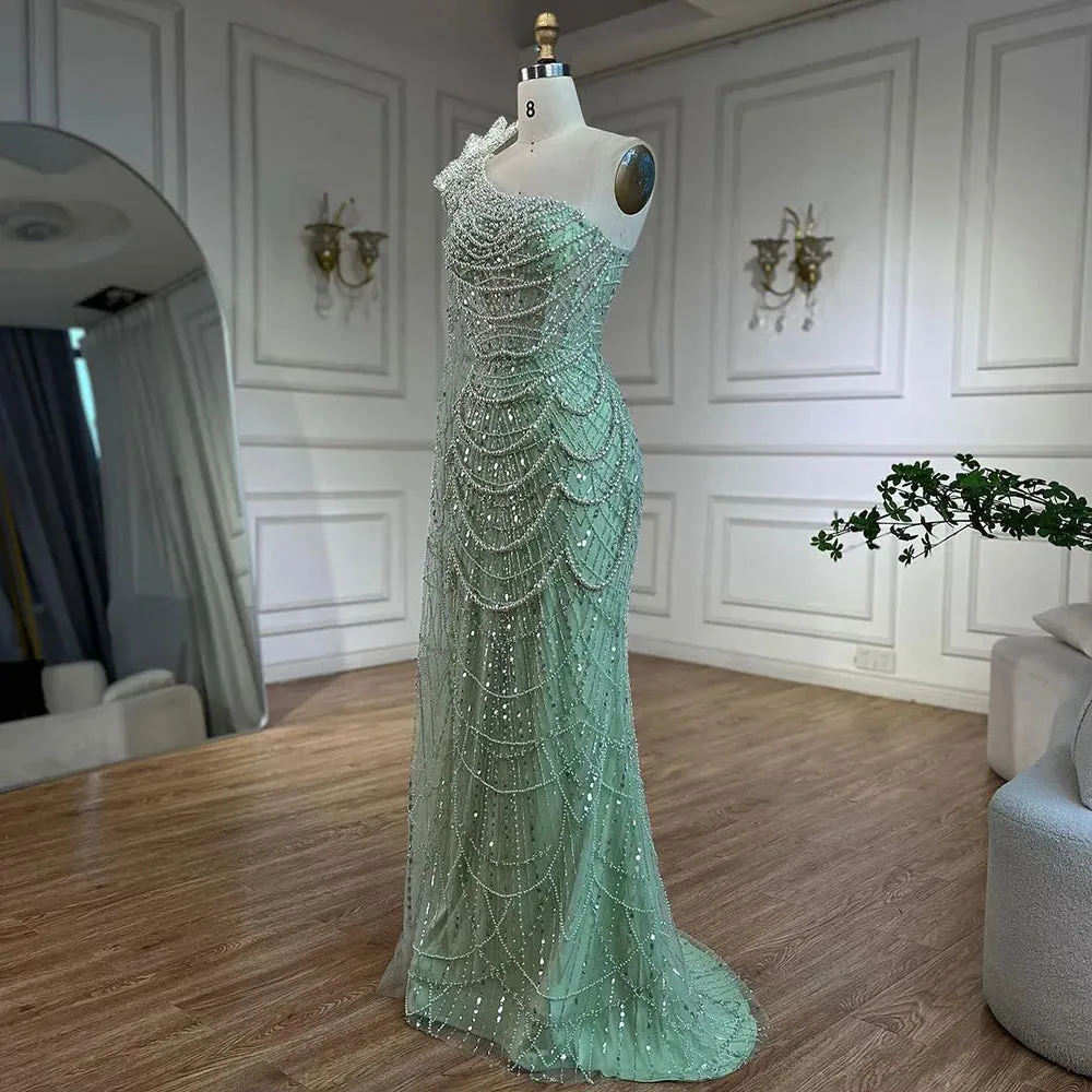 Pearl Embellished Sage Green Mermaid Evening Gown