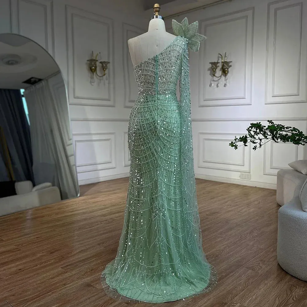 Pearl Embellished Sage Green Mermaid Evening Gown