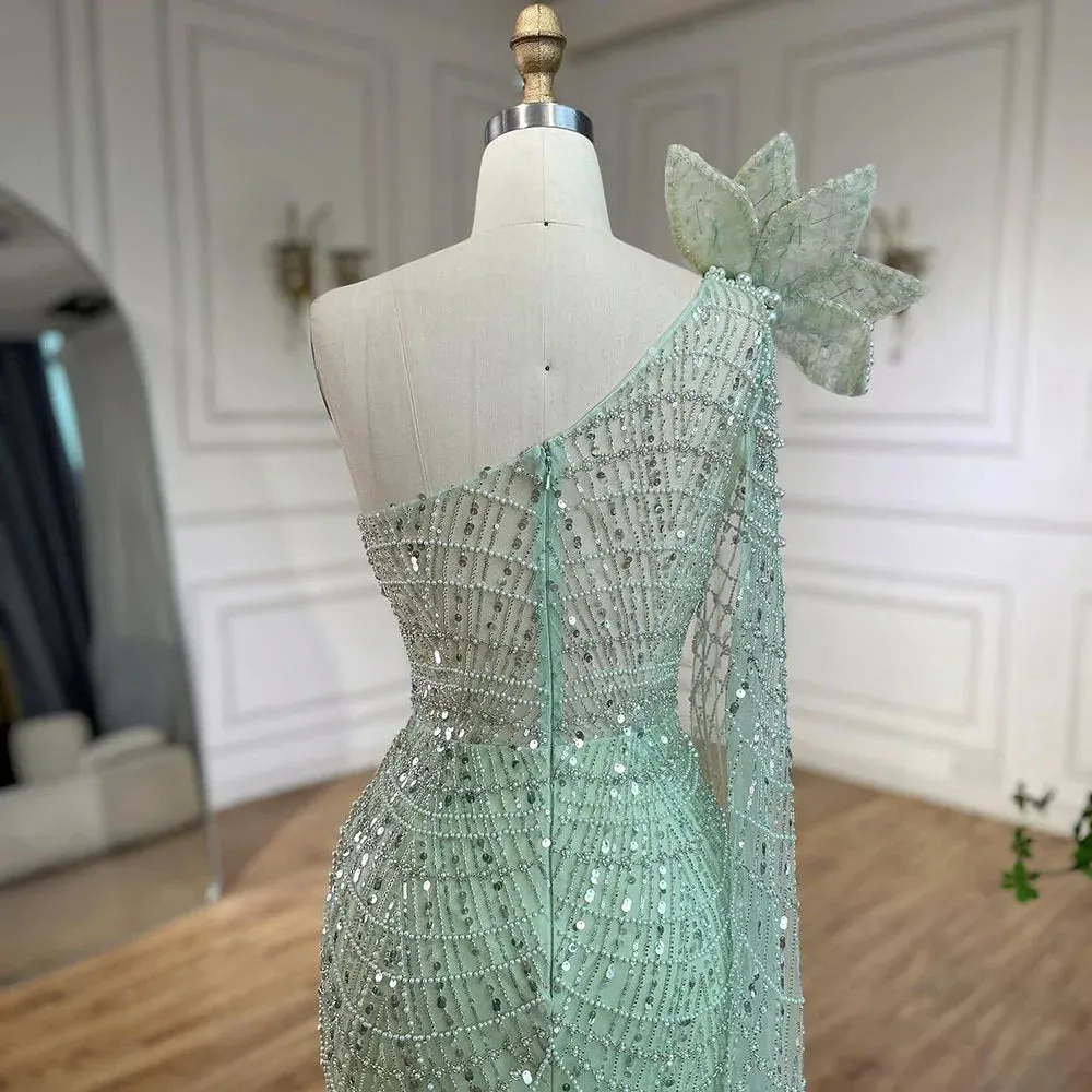 Pearl Embellished Sage Green Mermaid Evening Gown