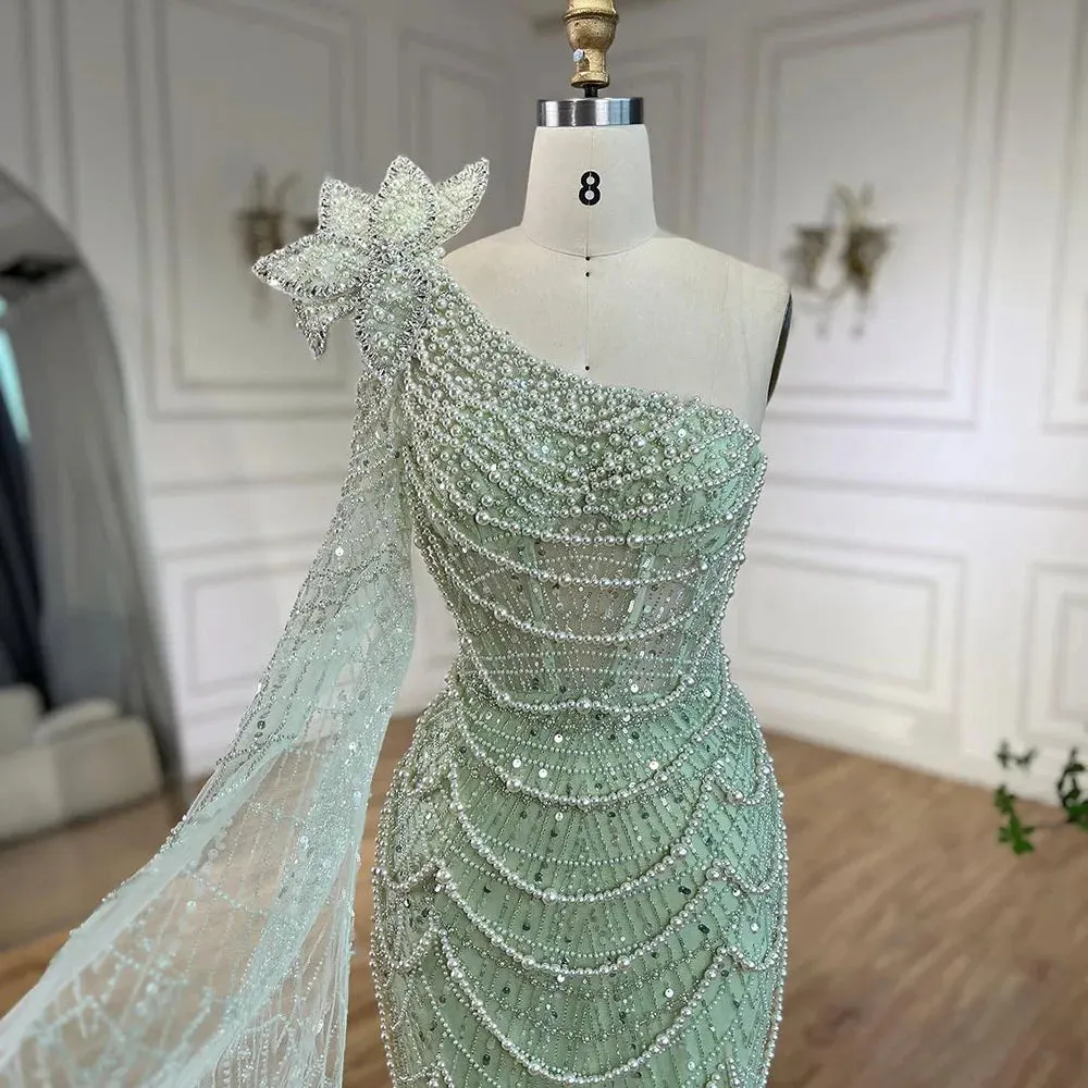 Pearl Embellished Sage Green Mermaid Evening Gown