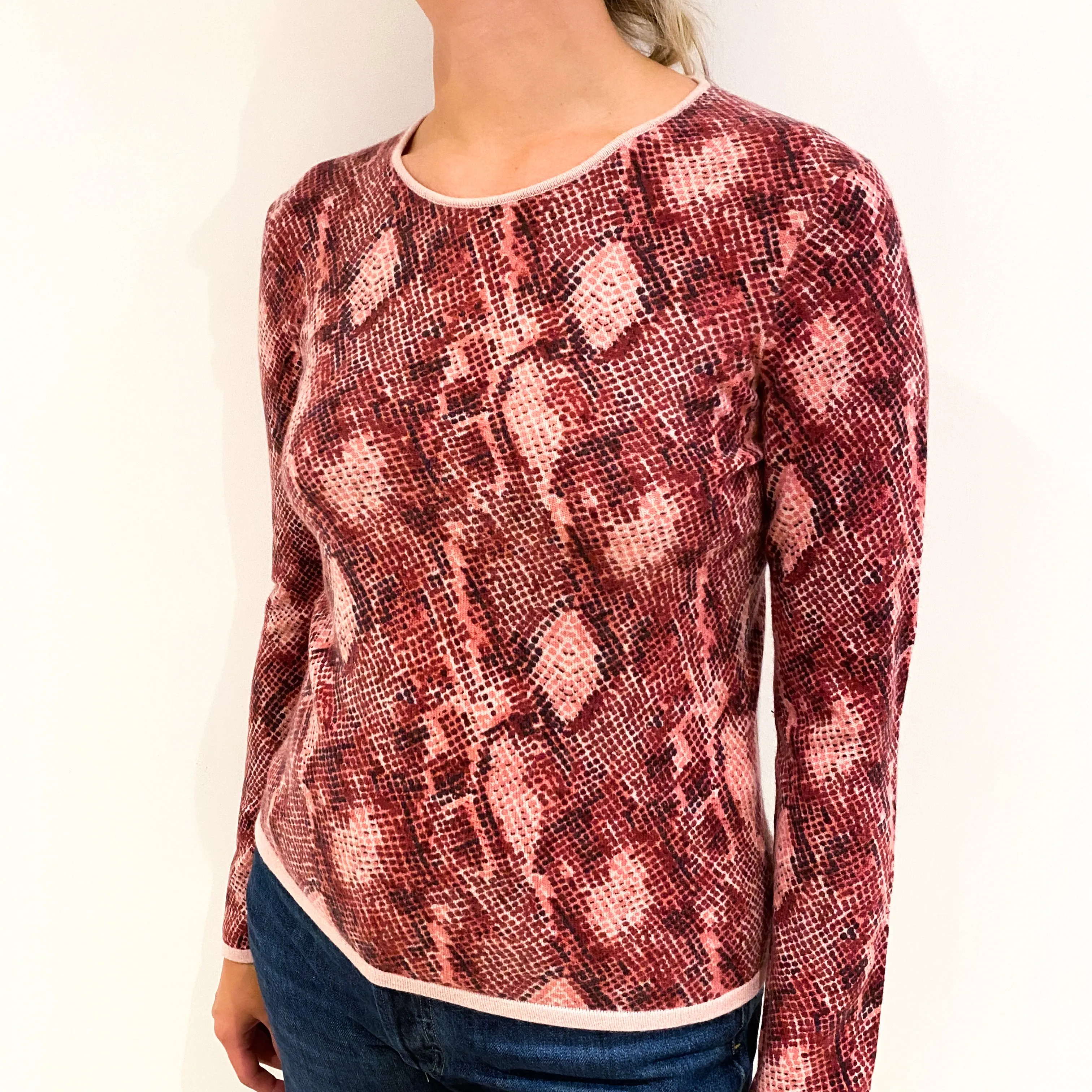 Pink and Red Snake Print Cashmere Crew Neck Jumper Small