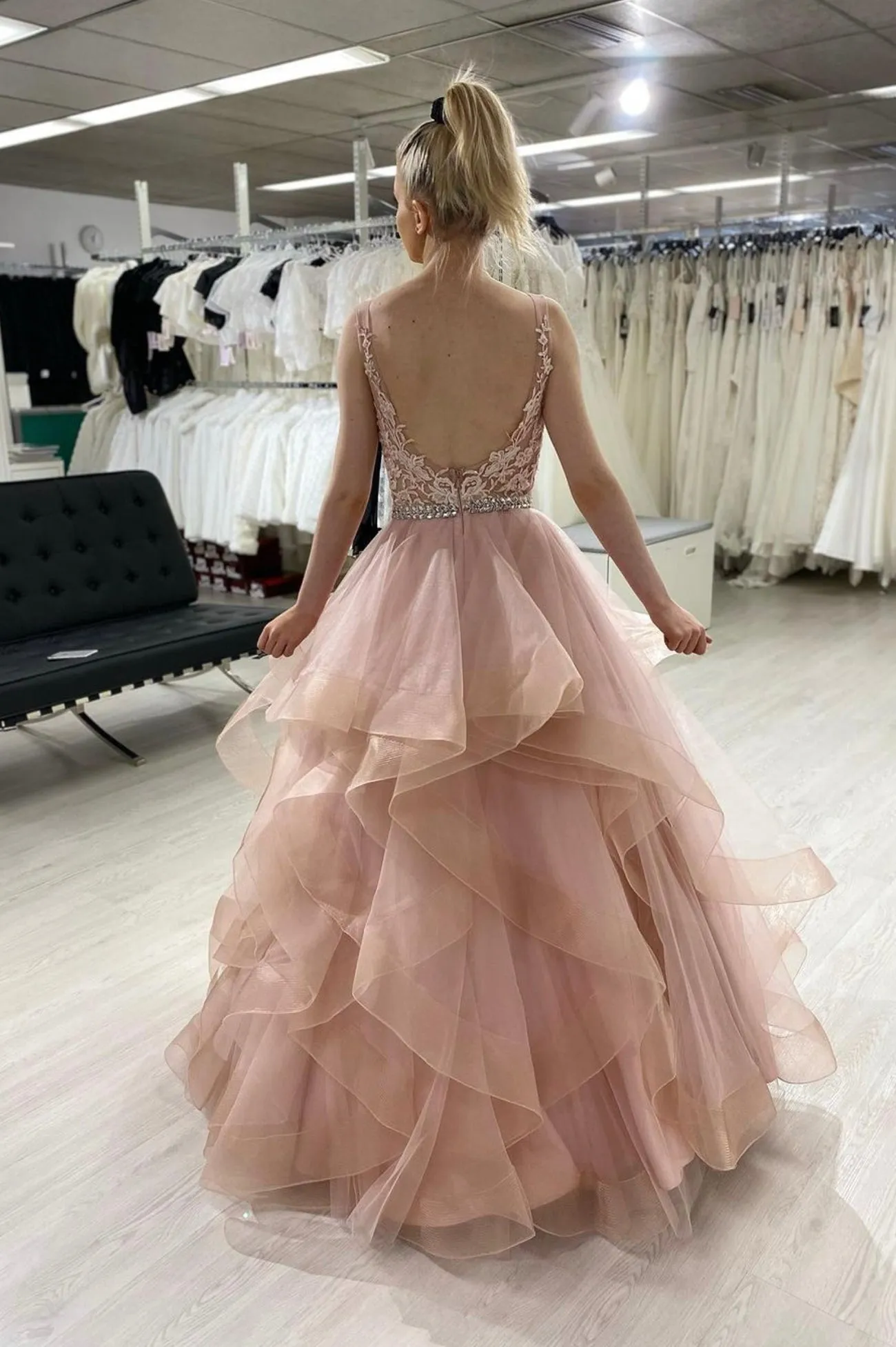 Pink Lace Long A-Line Prom Dress, Pink Scoop Neckline Evening Party Dress