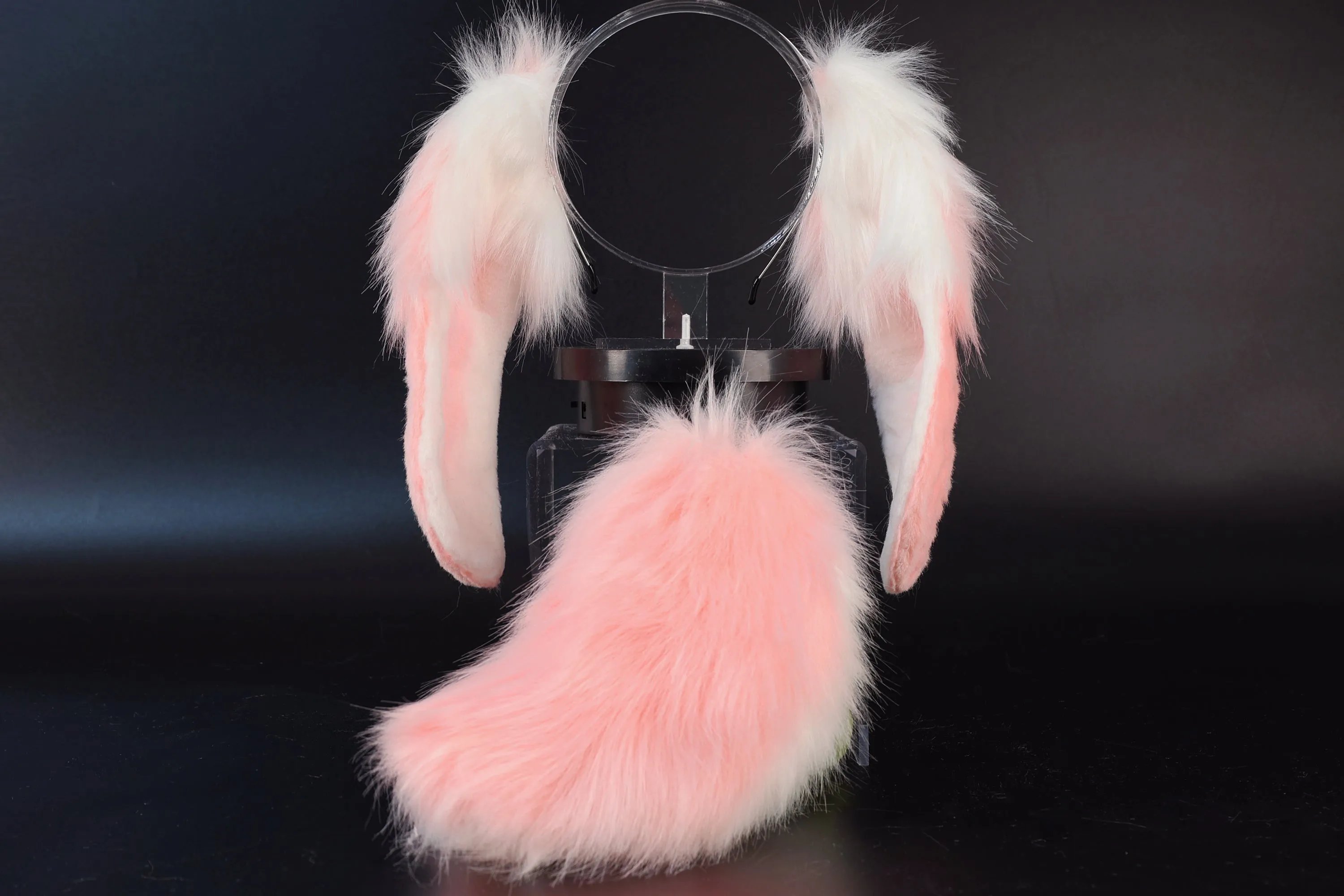 Pink white soft lop bunny ear and tail cosplay realistic faux fur long floppy bunny ears headband rabbit ears tail set bunny kemonomimi