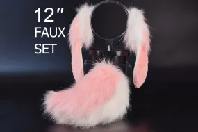 Pink white soft lop bunny ear and tail cosplay realistic faux fur long floppy bunny ears headband rabbit ears tail set bunny kemonomimi