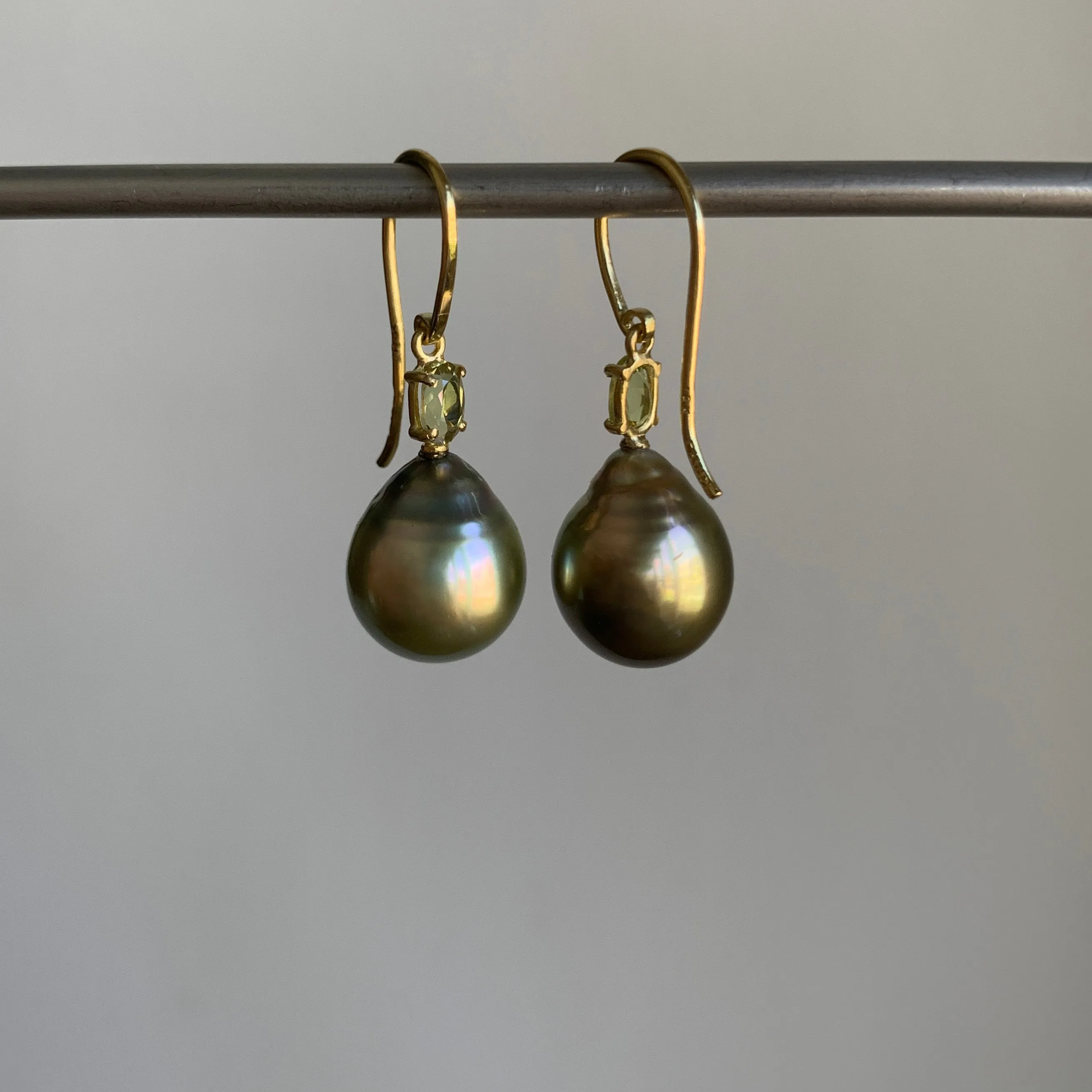Pistachio Tahitian Pearl Earrings with Chrysoberyl