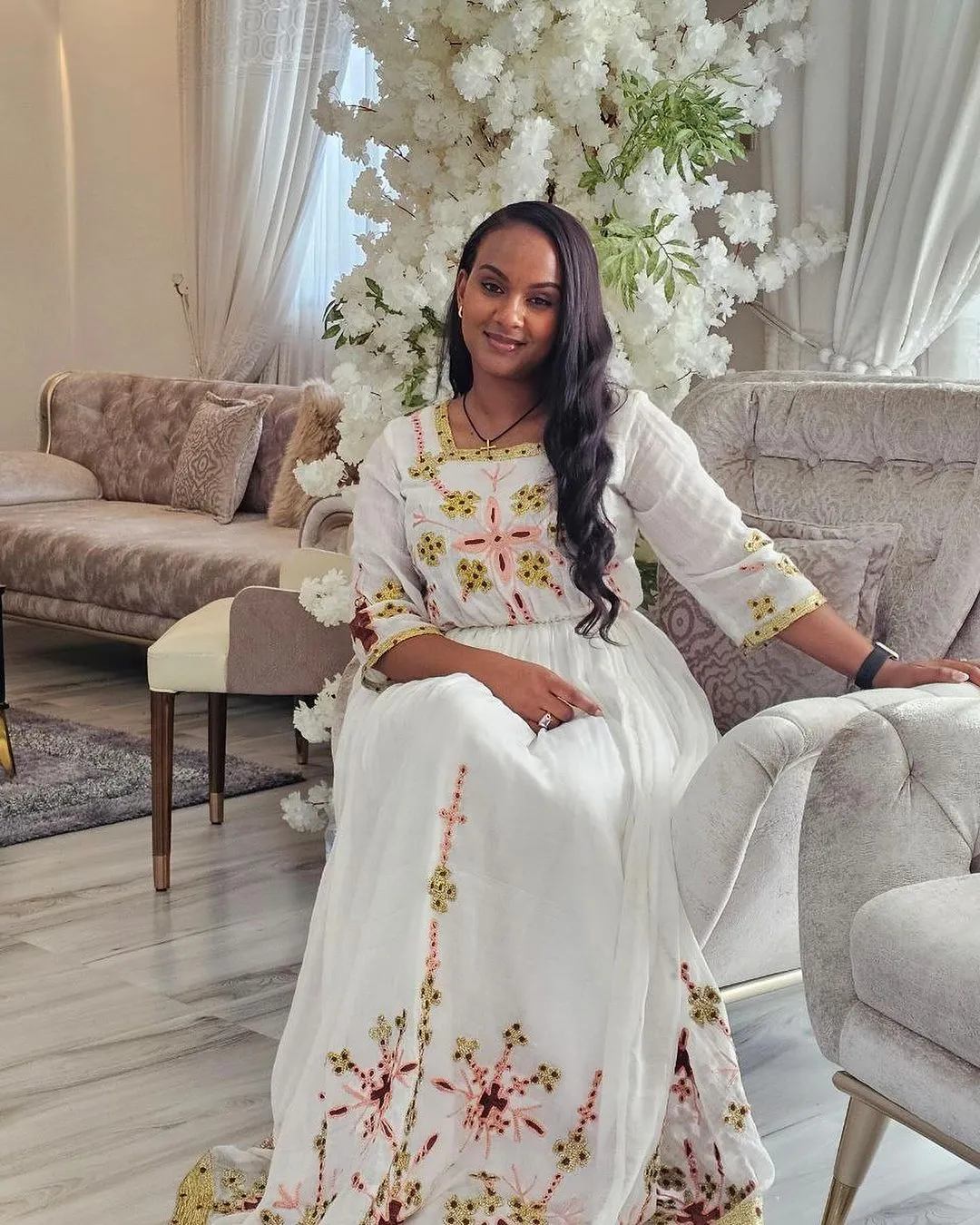 Pleasant Pink and Golden Habesha Dress Unique: with Cross Stitched Geometrical Pattern Traditional Ethiopian Dress Fabulous Habesha Kemis