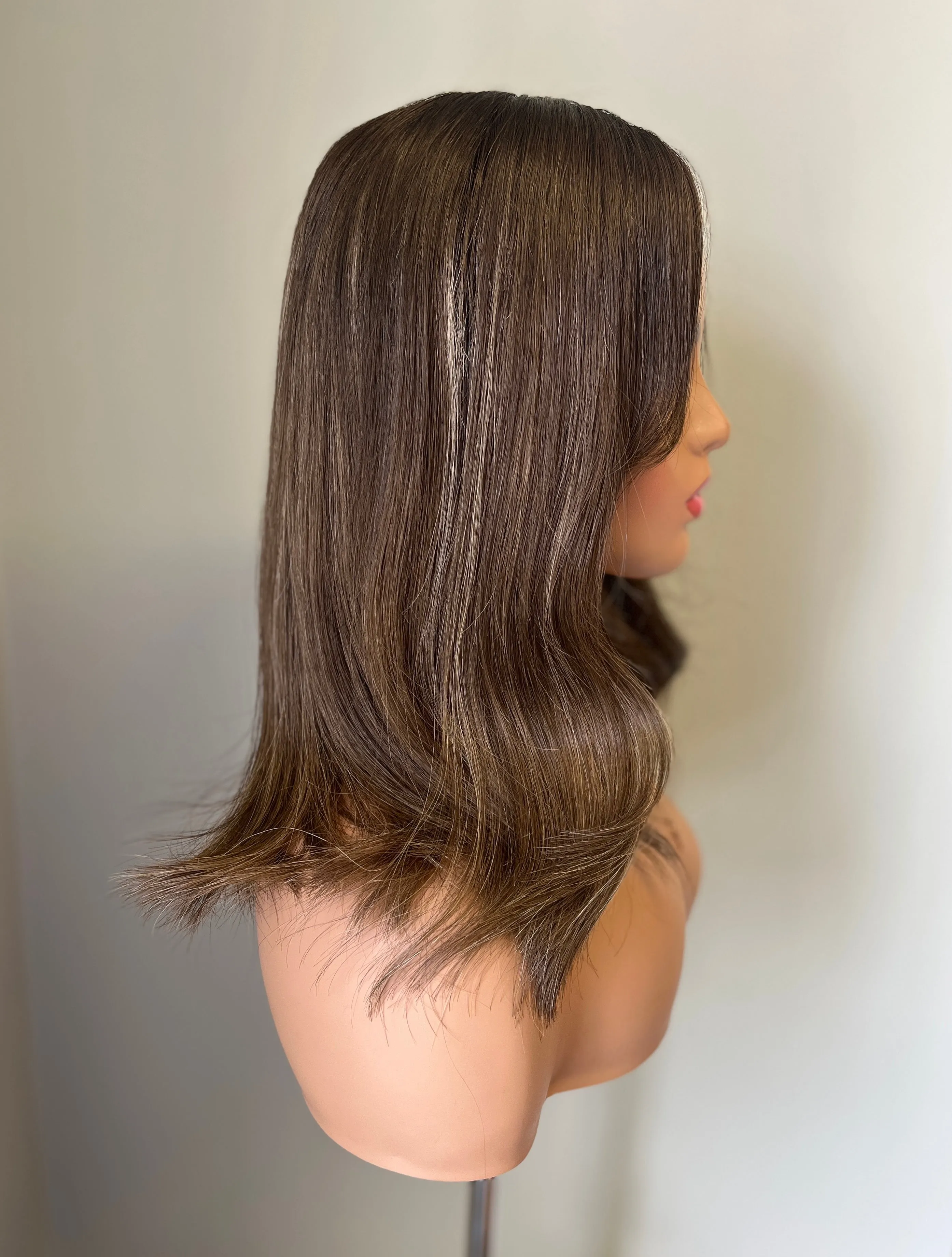 Preloved, Be Unique Wigs by Charlotte, custom wig | Human hair | Brown with highlights | Small cap | 17" length