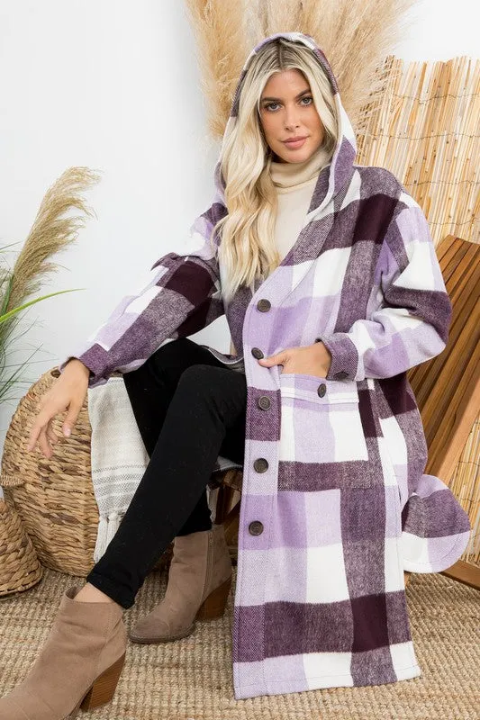 Purple Plum and Ivory Long Plaid Coat with Hood
