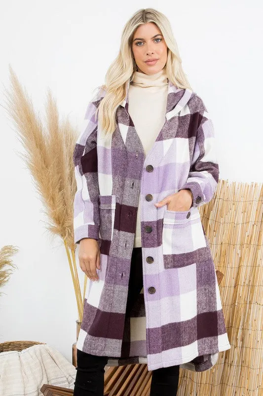 Purple Plum and Ivory Long Plaid Coat with Hood