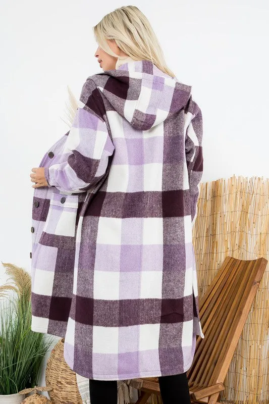 Purple Plum and Ivory Long Plaid Coat with Hood