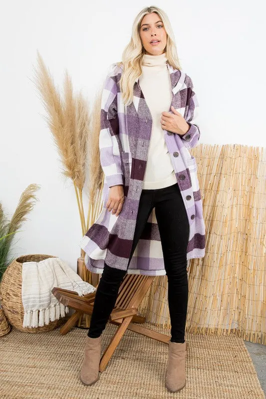 Purple Plum and Ivory Long Plaid Coat with Hood