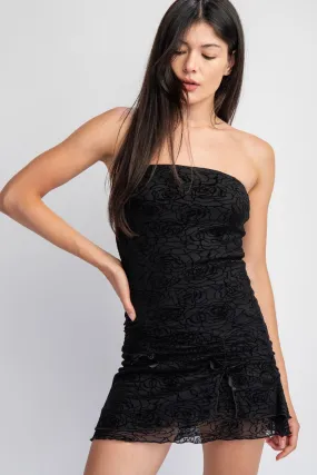 "Holiday Dream" Black Velvet & Mesh Printed Strapless Mini Dress