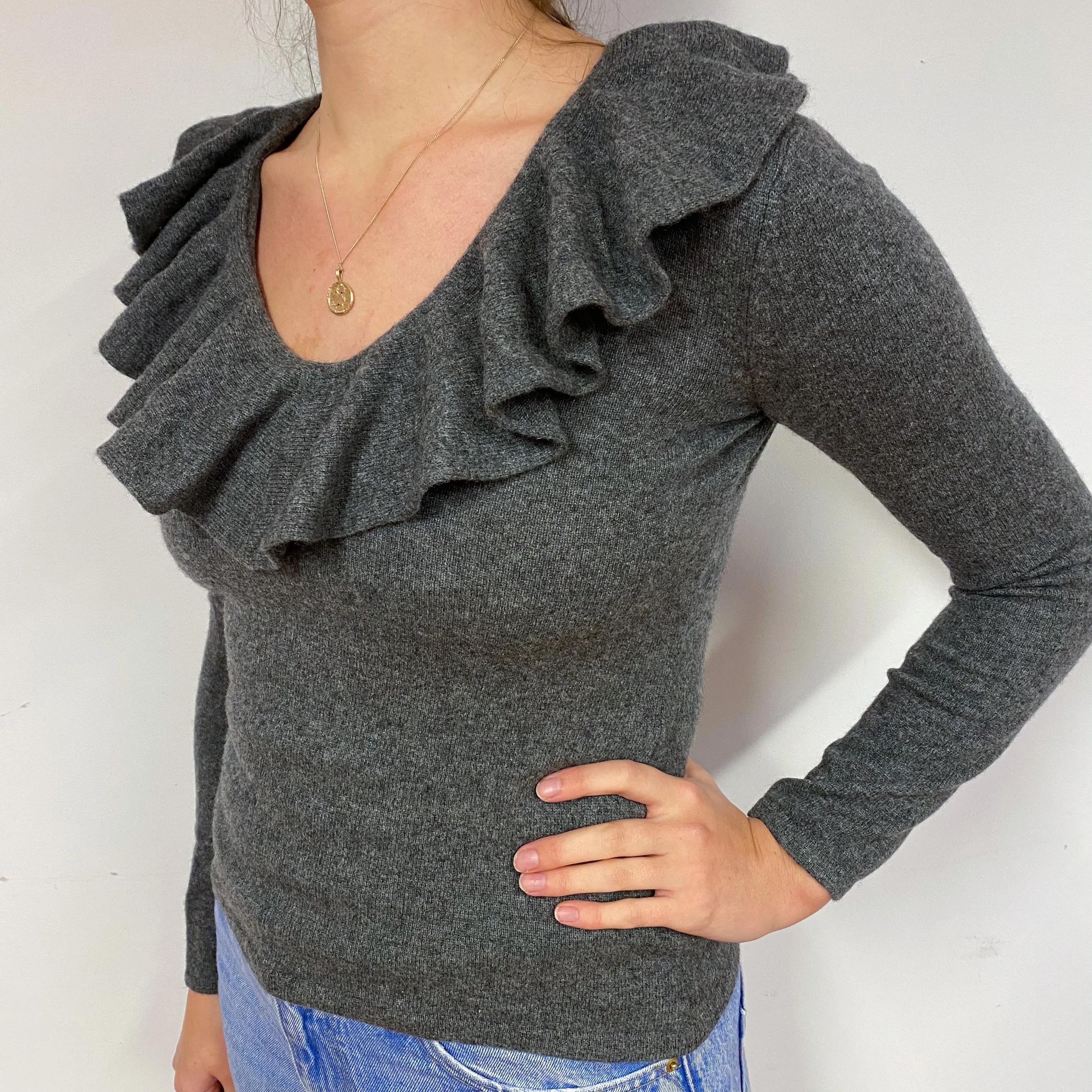 Ralph Lauren Grey Ruffle Cashmere V-Neck Jumper Small