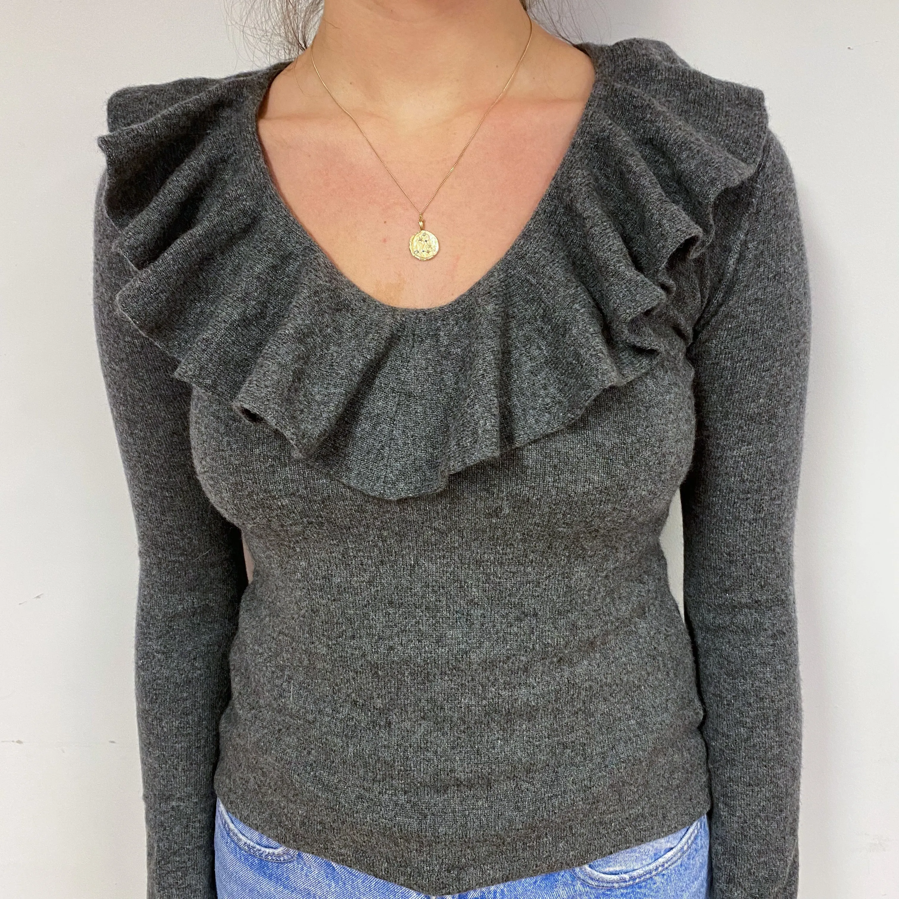 Ralph Lauren Grey Ruffle Cashmere V-Neck Jumper Small