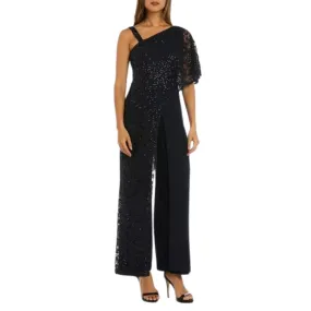 R&M RICHARDS - Sequined Zippered One Shoulder Lace Pleated