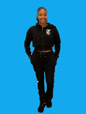 REDFOX "TRUST YOUR SOUL" FLEECE CROP JACKET W/ STACKED PANTS (BLACK)