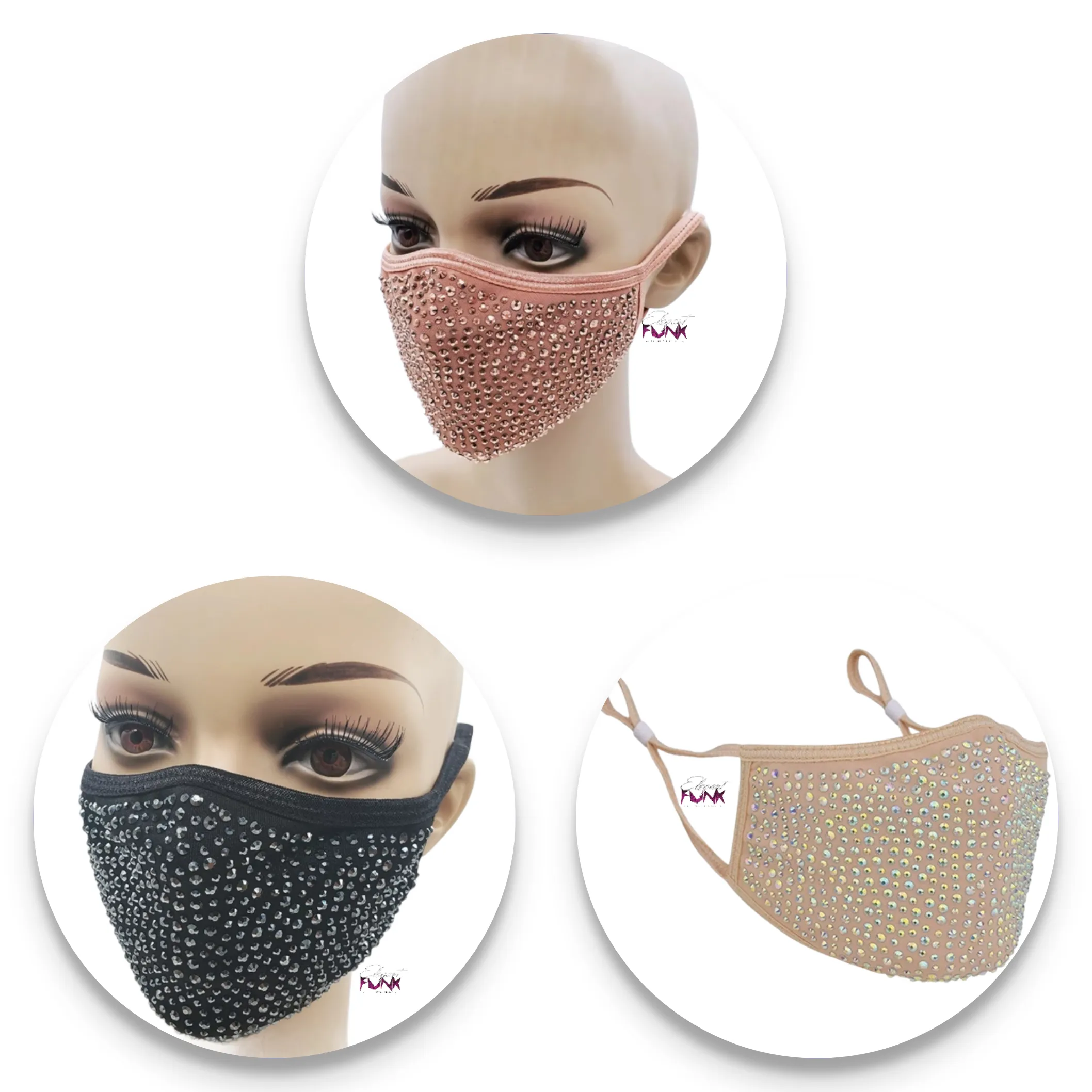 Rhinestone Face Mask, Black w/Gun Metal Color Bling