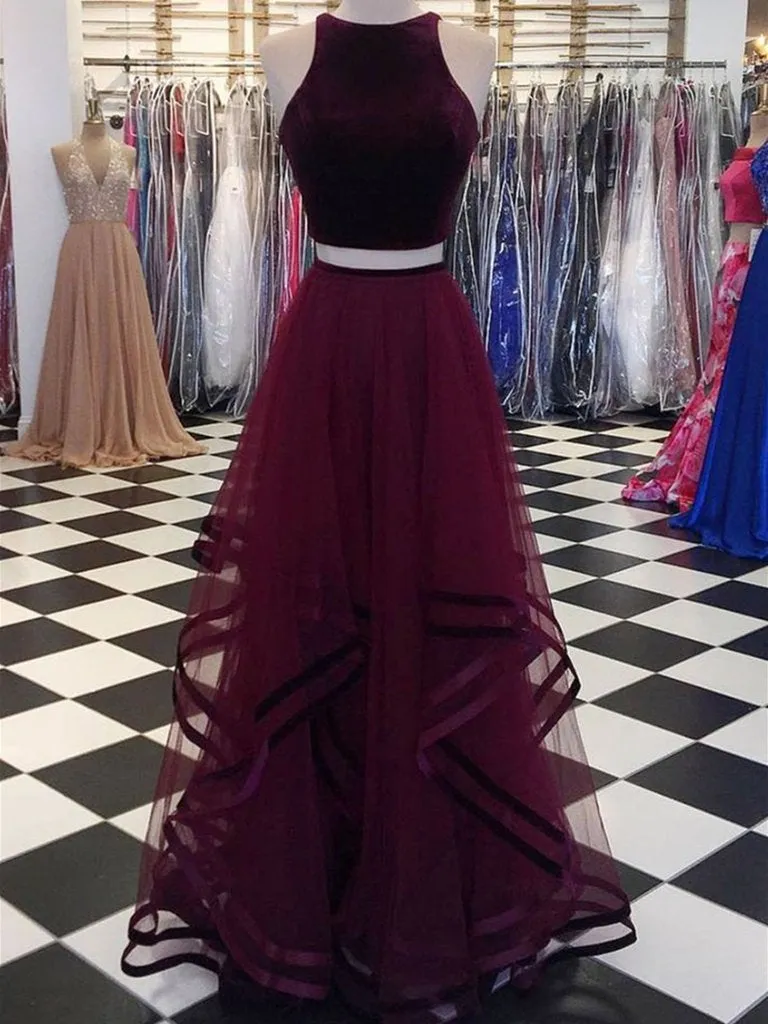 Round Neck 2 Pieces Tulle Purple Long Prom, 2 Pieces Purple Formal, Evening