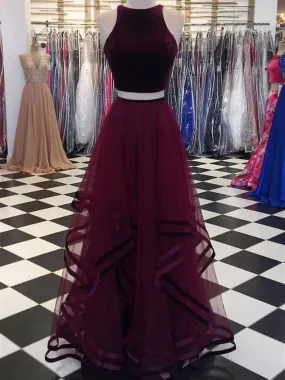 Round Neck 2 Pieces Tulle Purple Long Prom, 2 Pieces Purple Formal, Evening